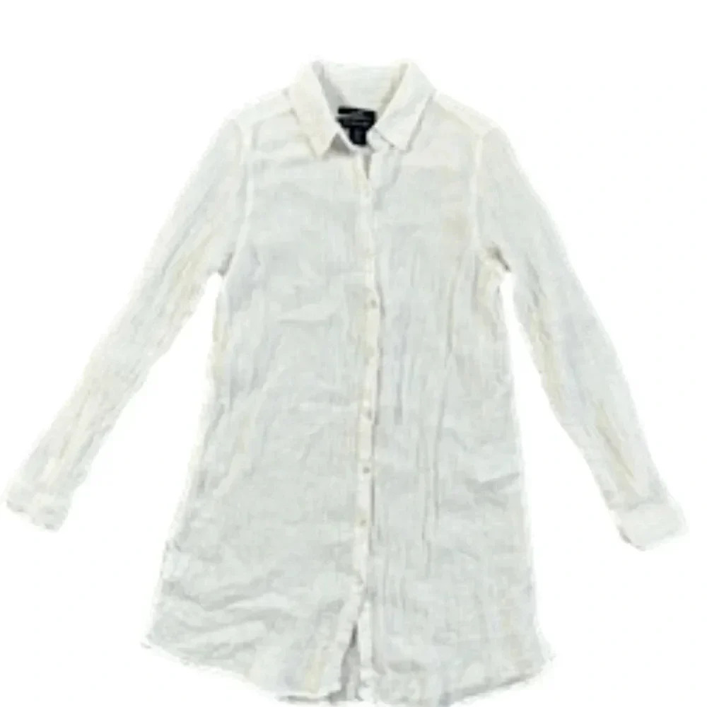 TAHARI Size S 100% Linen TunicShirt Button Front Roll Tab Sleeve Side Slit White